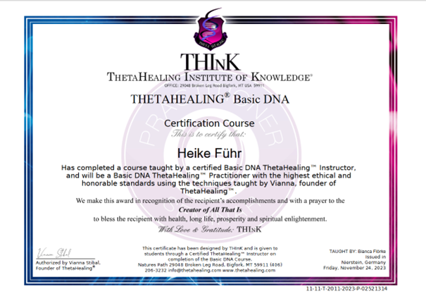 certificate ThetaHealing 1 - Gewinner ausgelost für ThetaHealing Mensch und Tier